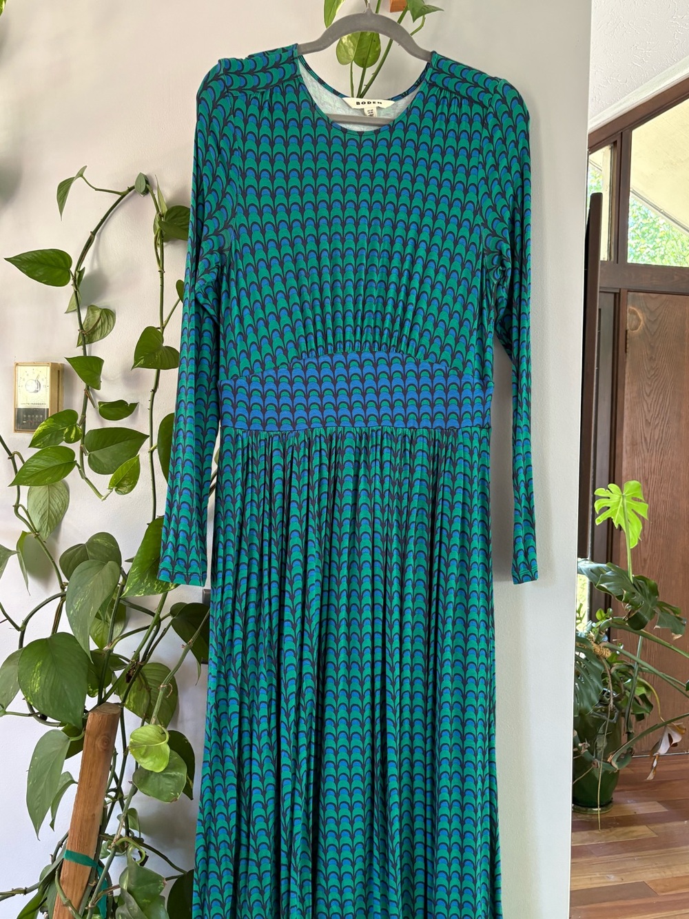 Boden Long Sleeve Teal & Blue Patterned Maxi Dress